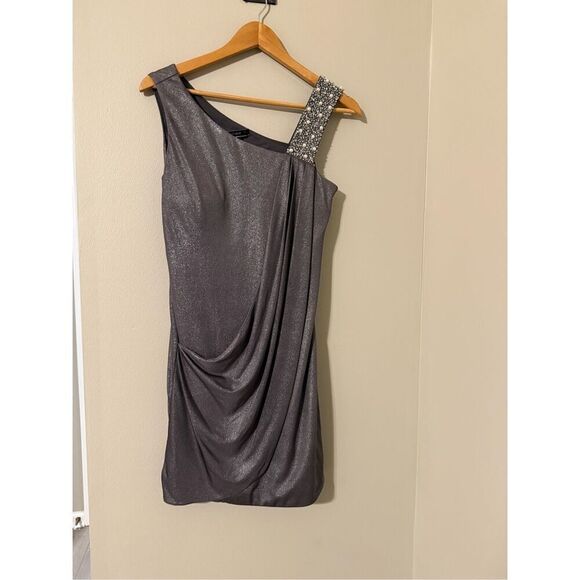 JS Boutique 8 Beaded Strap Gathered Mini Cocktail Dress Silver Metallic Sparkle - Picture 2 of 7